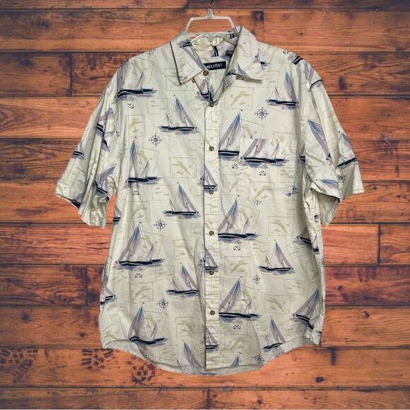 5 for $25🔥Puritan Sailboat Print Cream Button Front Shirt Large (42/44) - Picture 1 of 5